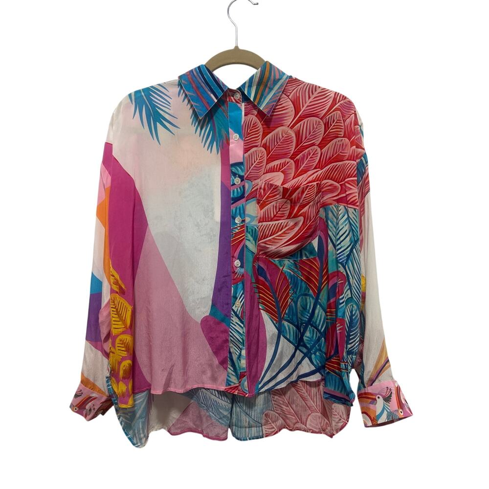 Taj by Sabrina Crippa Tropical Sheer Button Down Bird Cuff Blouse Large NWT